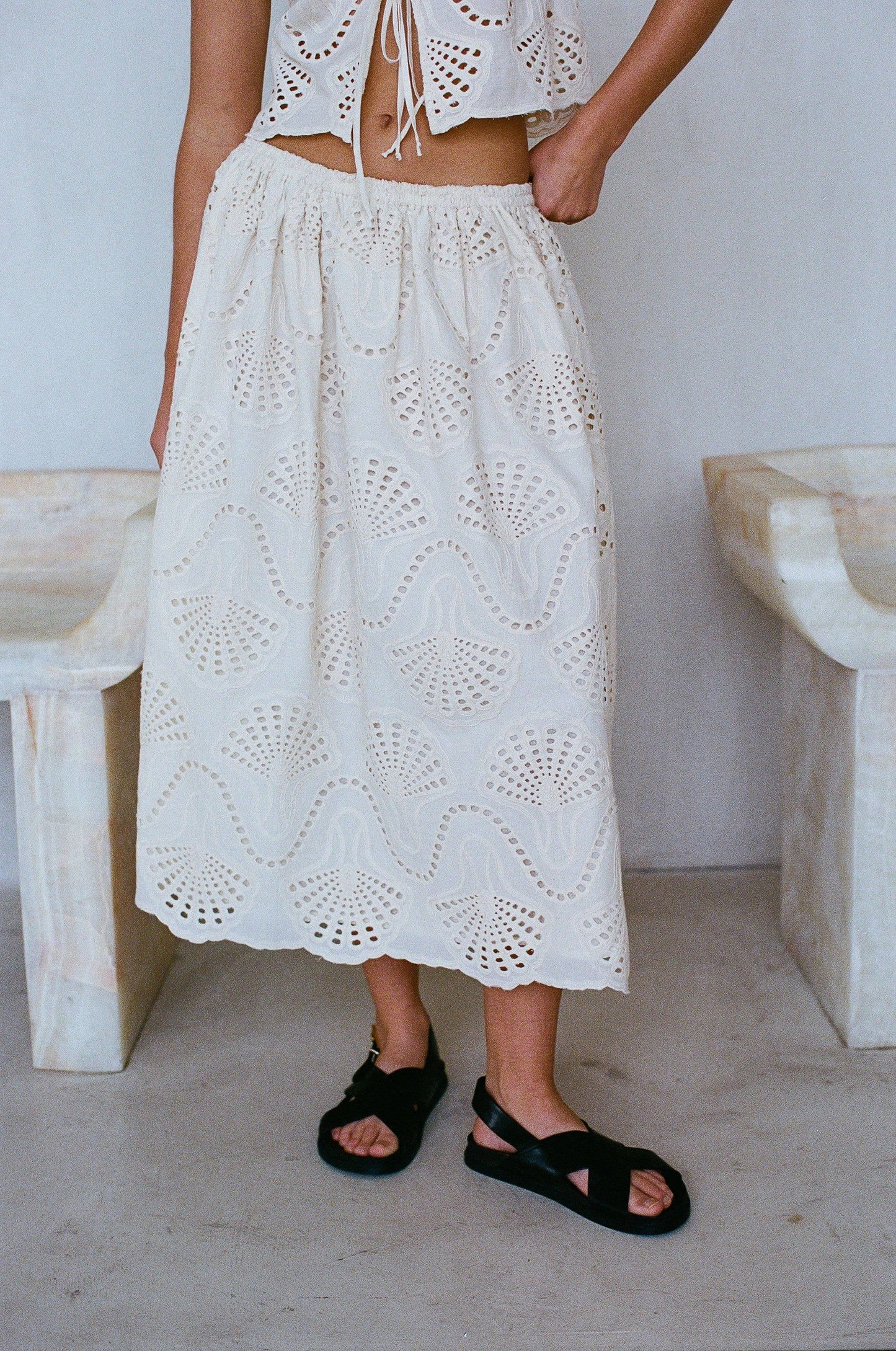 Embroidered Shell Midi Flare Skirt