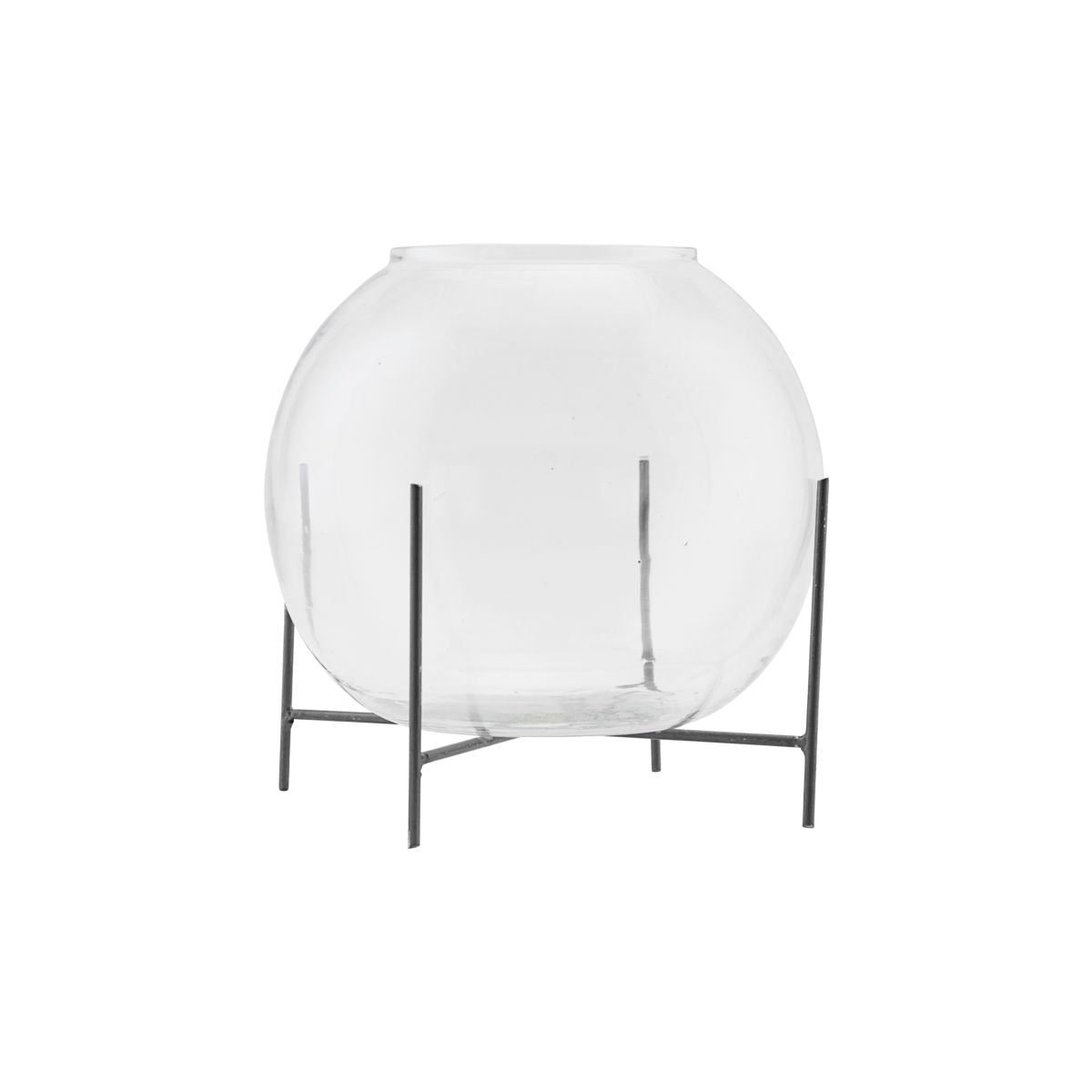 clear globe glass vase on black metal stand