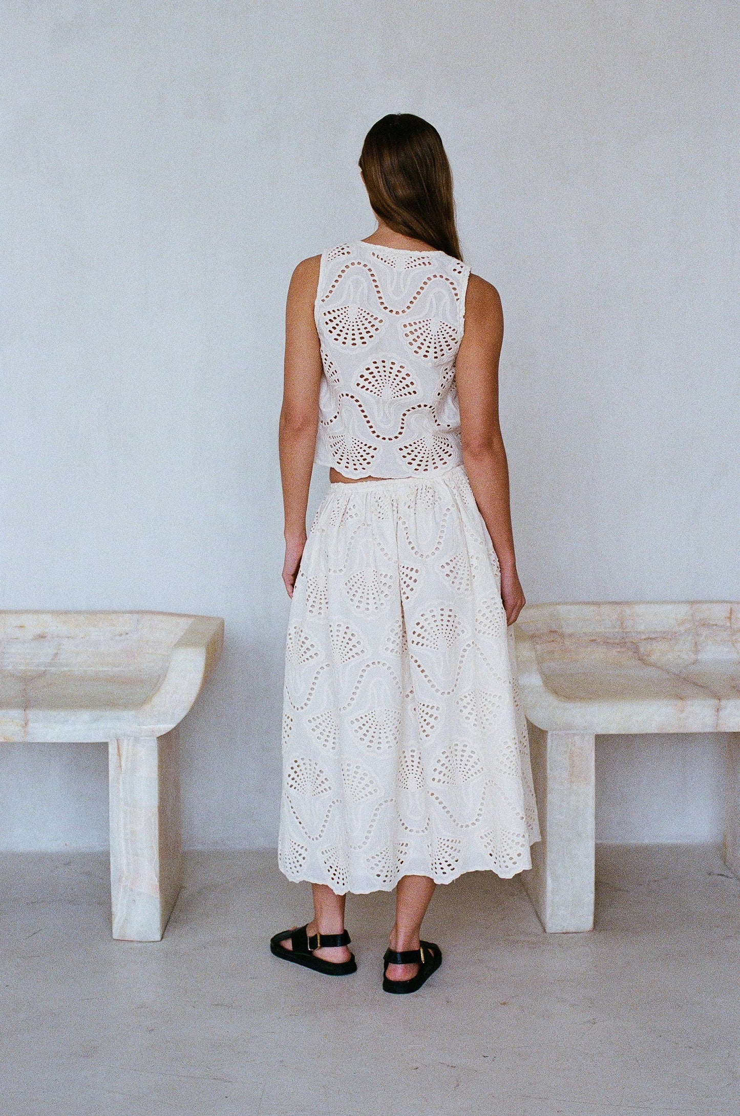 Embroidered Shell Midi Flare Skirt