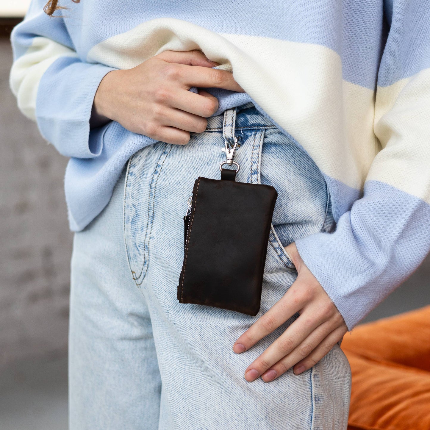 Leather zipper pouch keychain