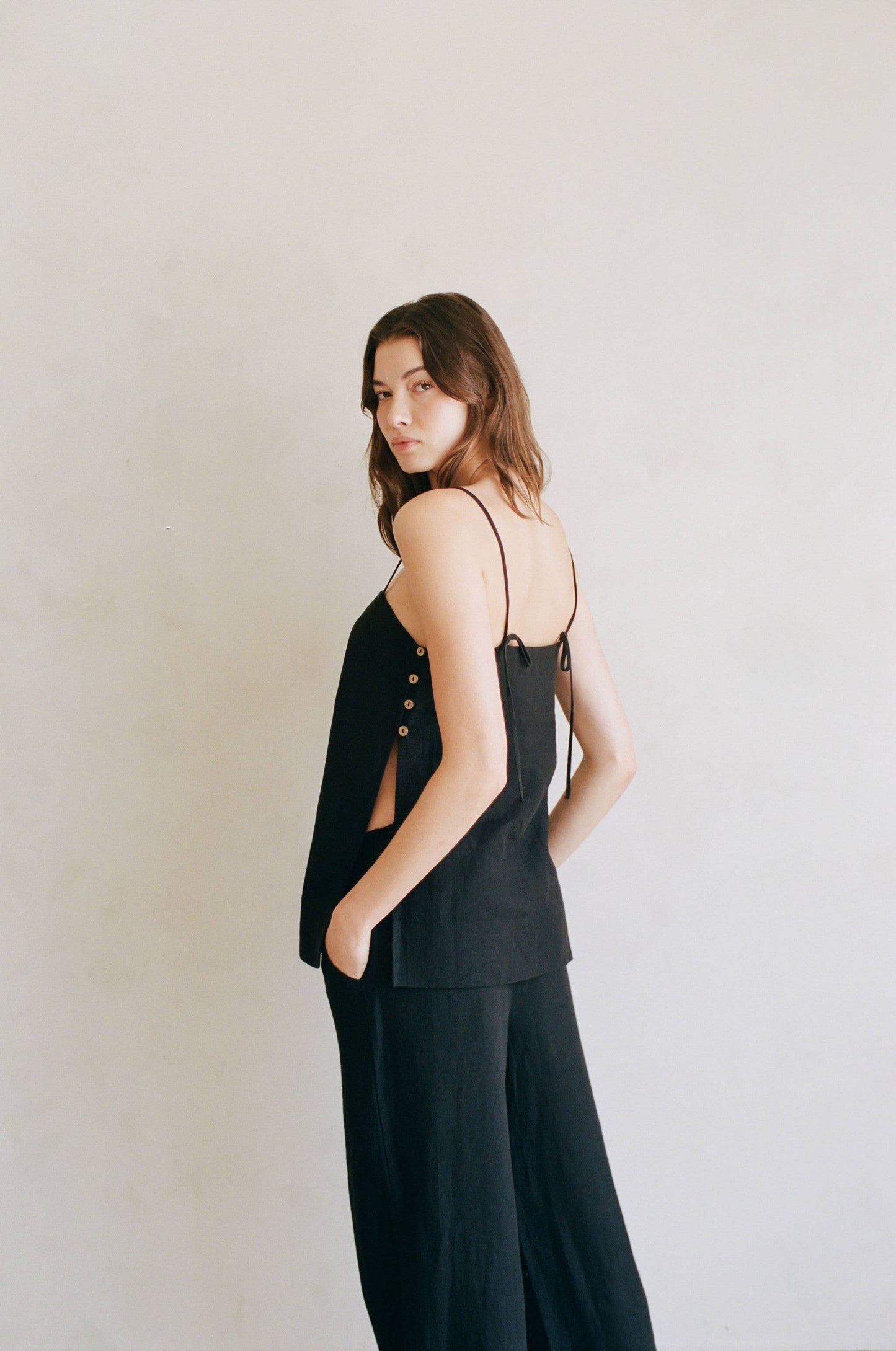 Woven 100% Linen Open Side Slits Top