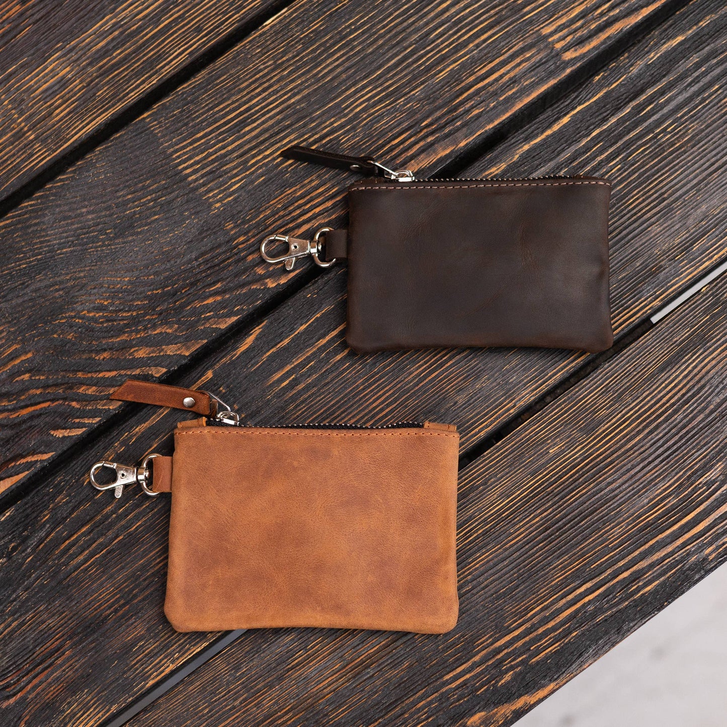 Leather zipper pouch keychain