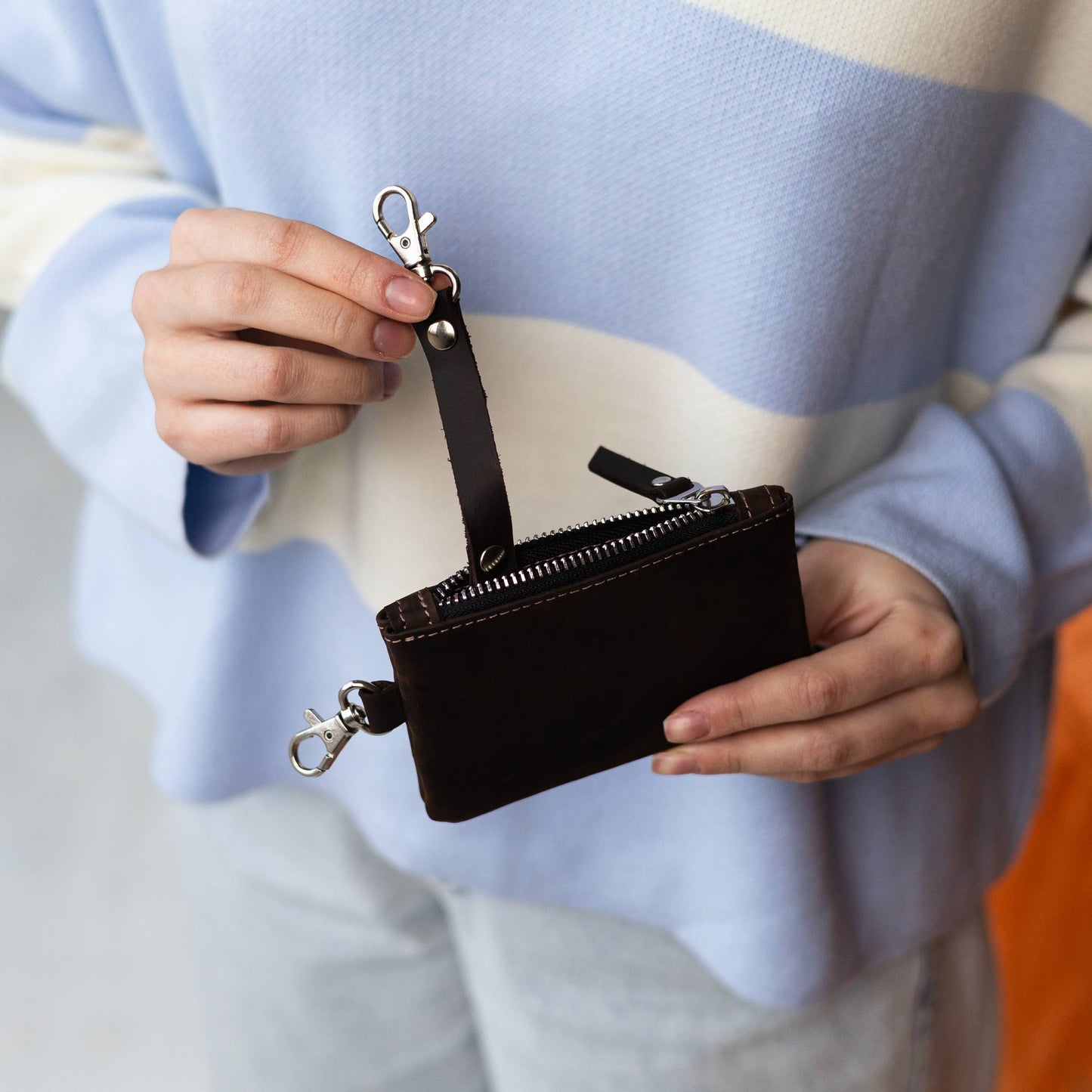 Leather zipper pouch keychain