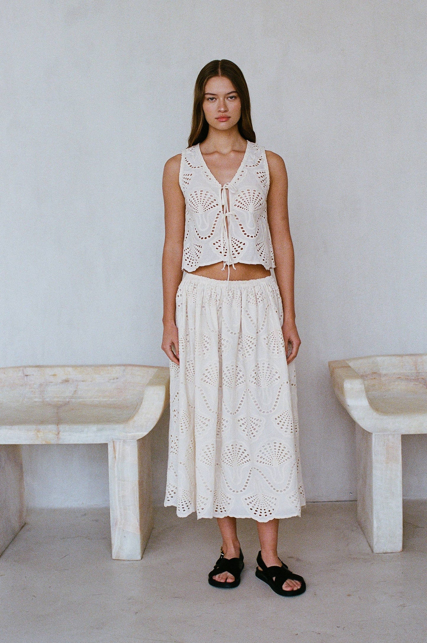 Embroidered Shell Midi Flare Skirt