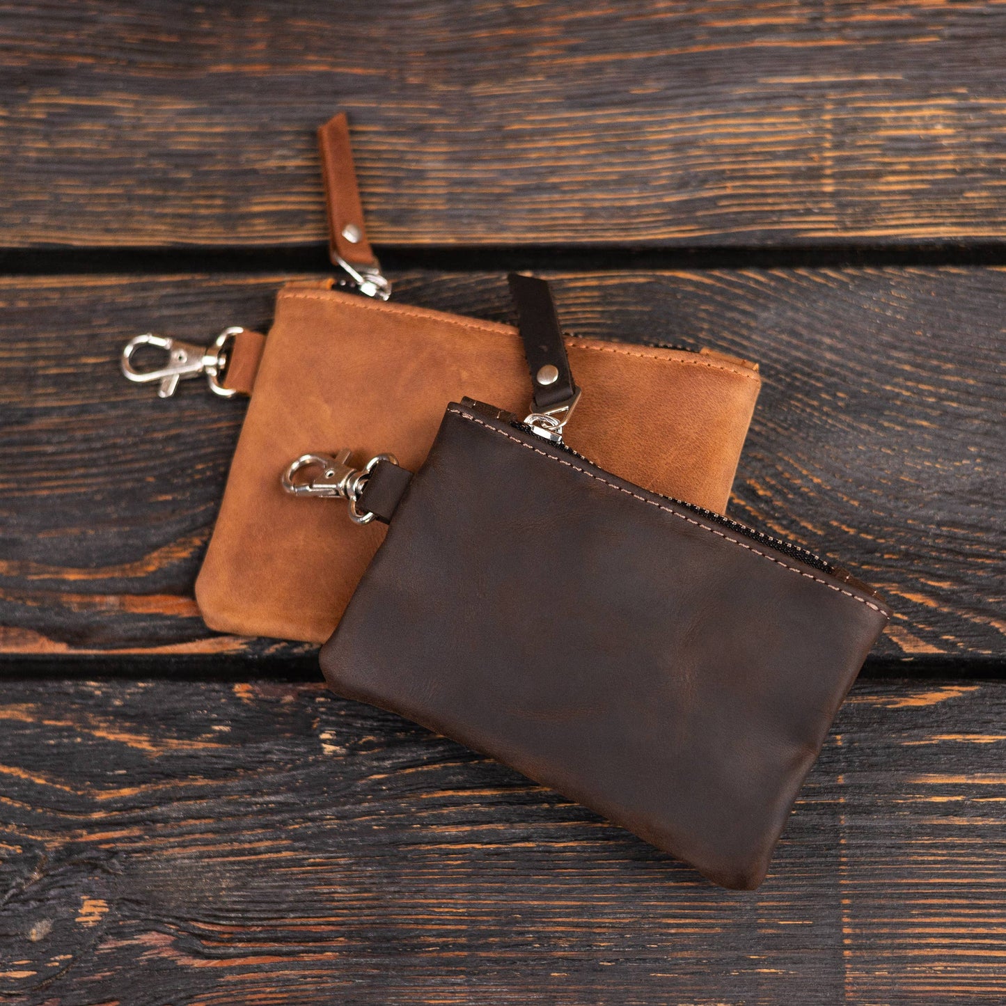Leather zipper pouch keychain