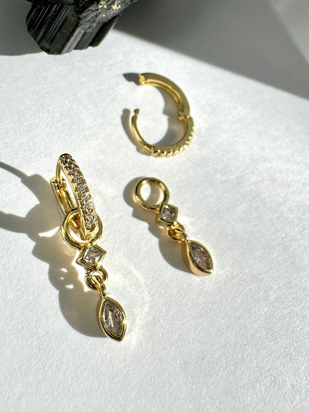 Pave Huggy Earrings with Double Drop