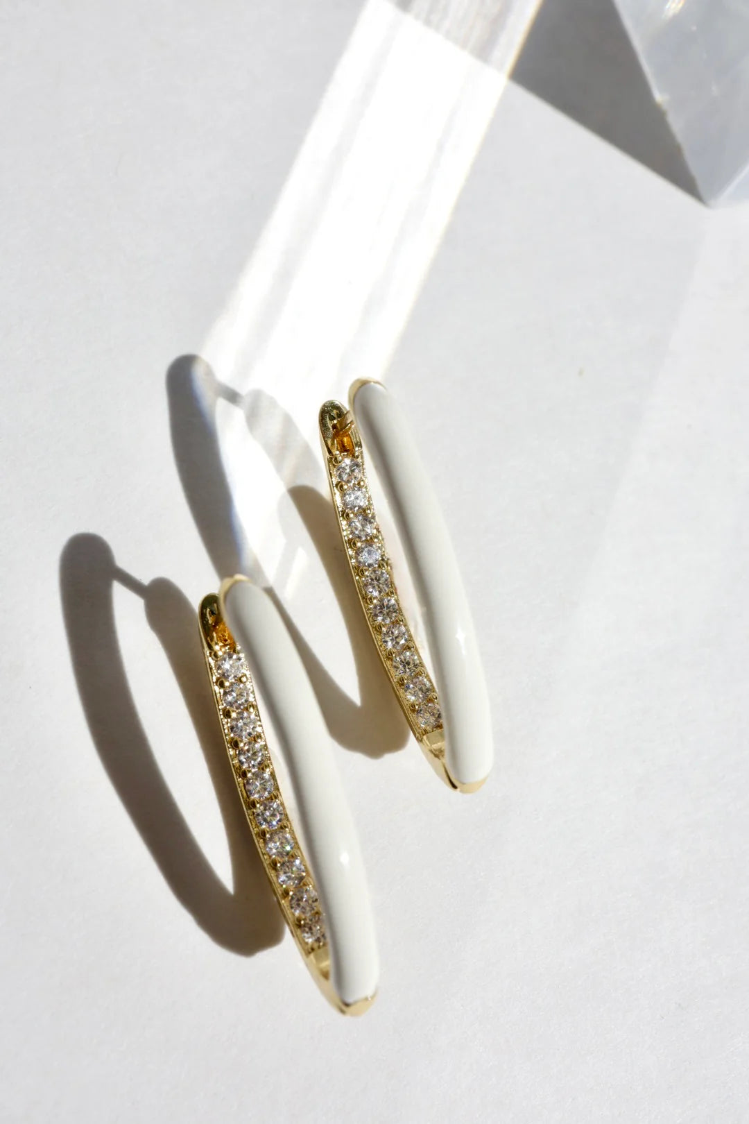 White Enamel and Quartz Huggy Earrings