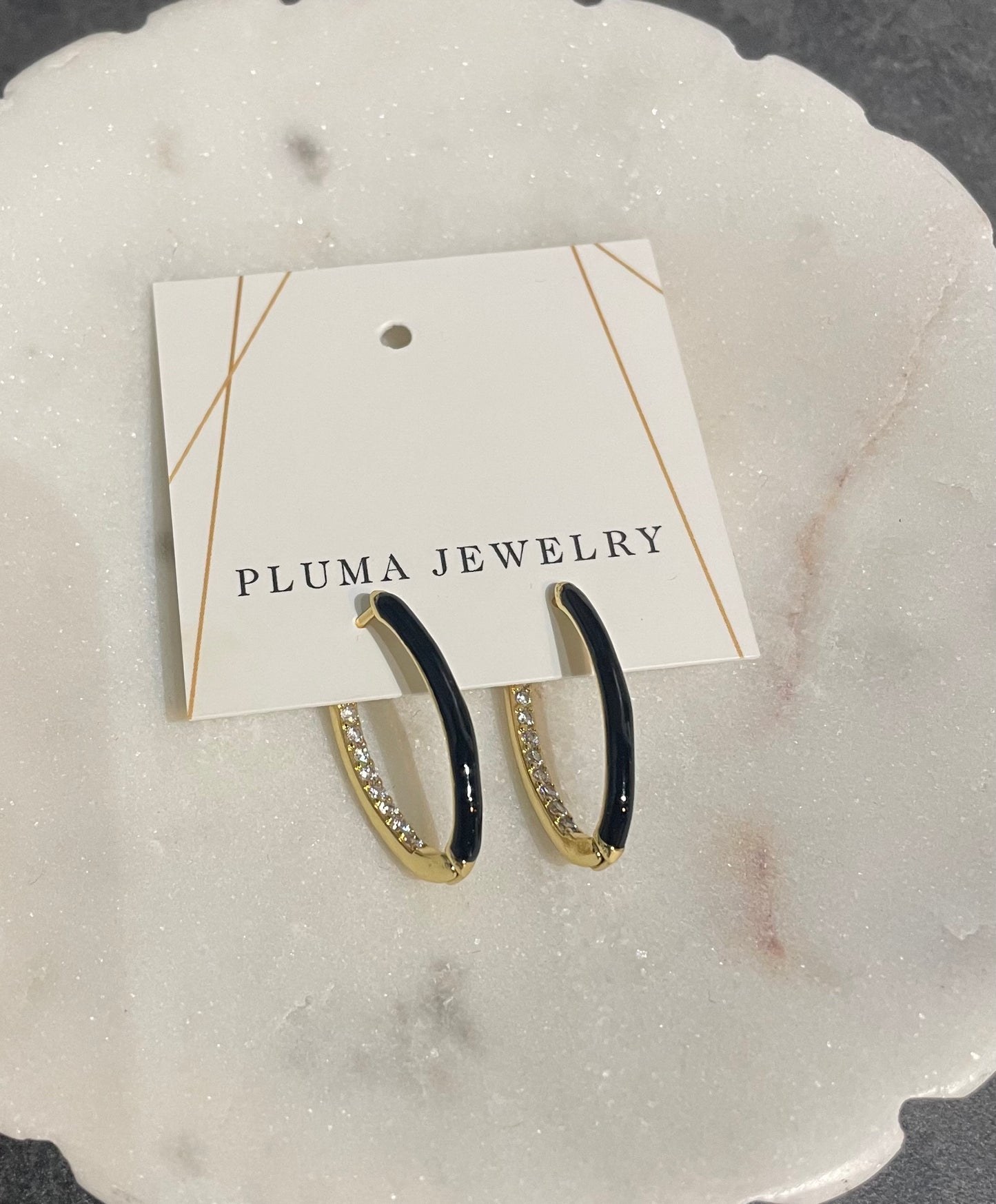 Black Enamel and Quartz Huggy Earrings