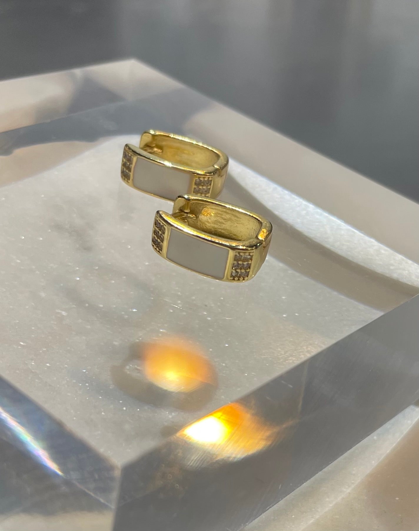 White Enamel and Pave Wide Huggies