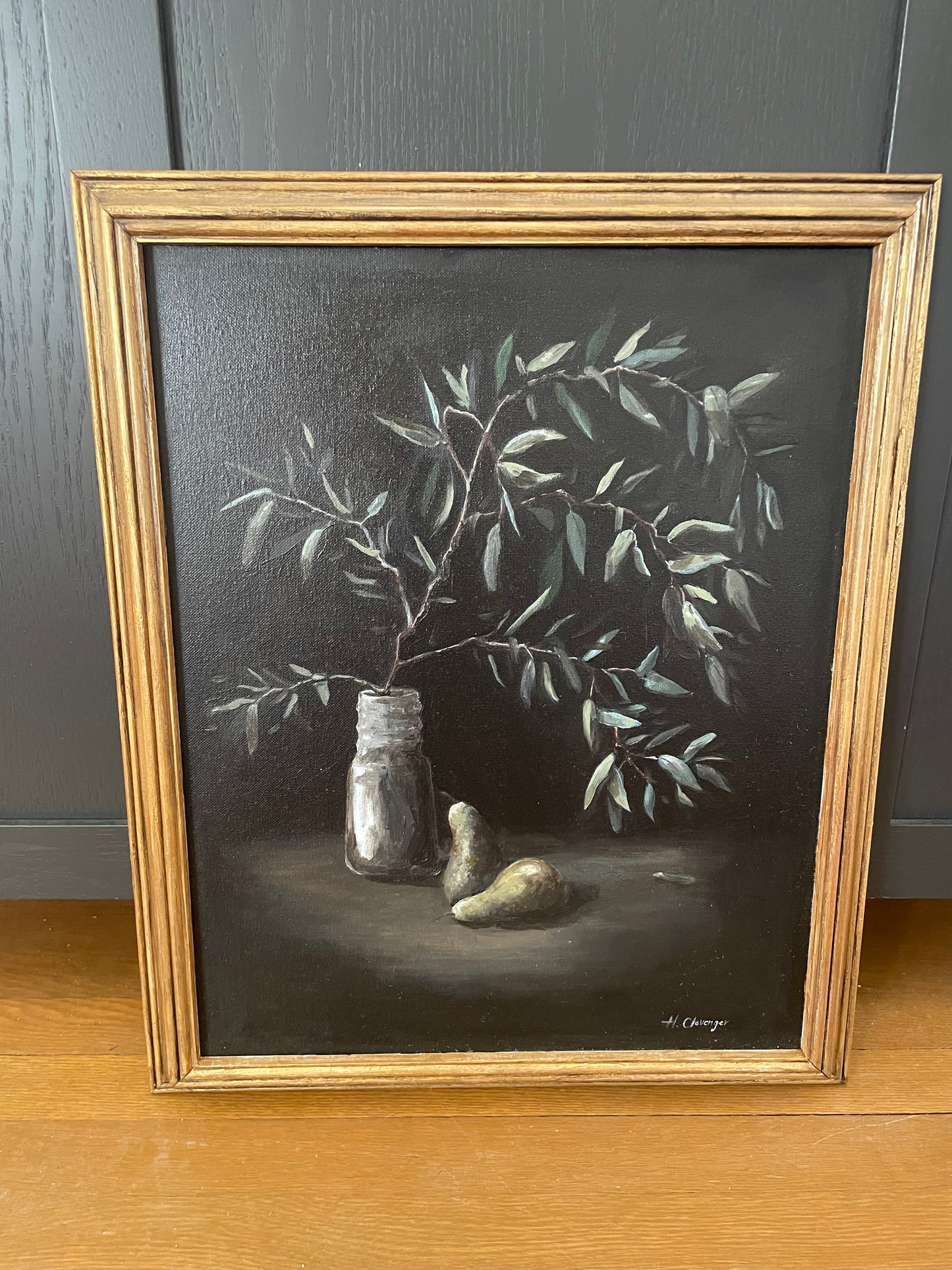 From The Garden – Original Oil Painting by Heather Clevenger | Moody Still Life with Olive Branch & Pears | Granville, Ohio Artist