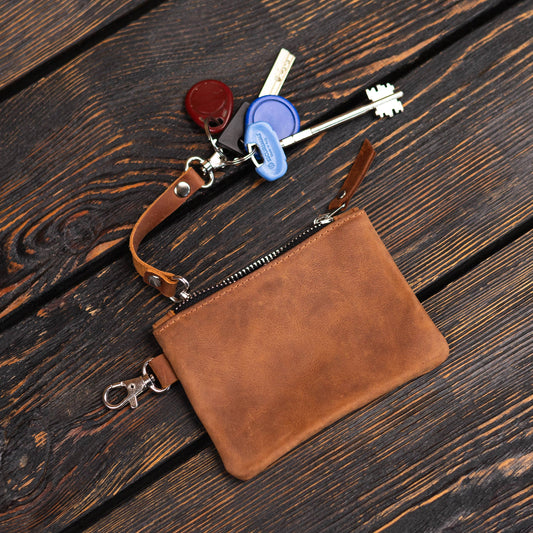 Leather zipper pouch keychain