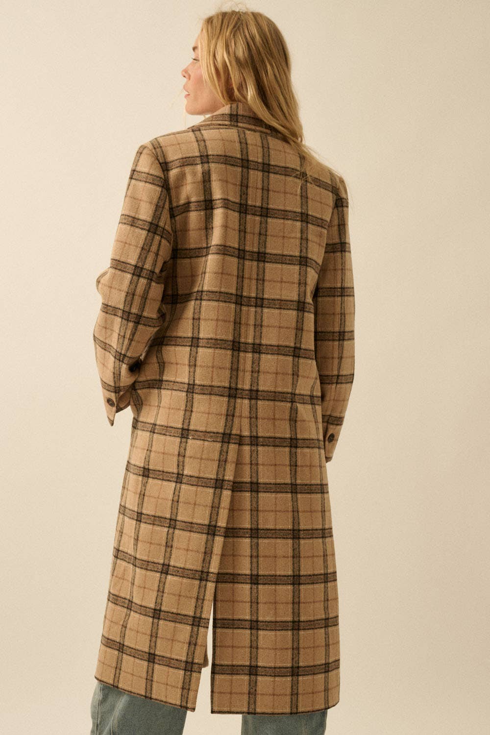 Windowpane Felt Double-Breasted Calf-Length Overcoat