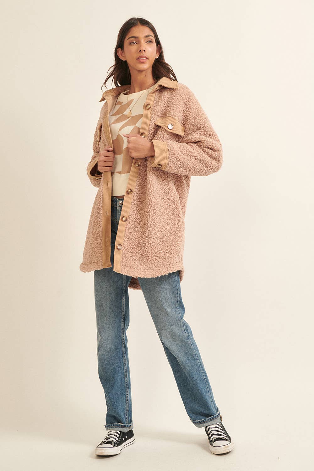 Fleece Corduroy Trim Chest Pockets Coat