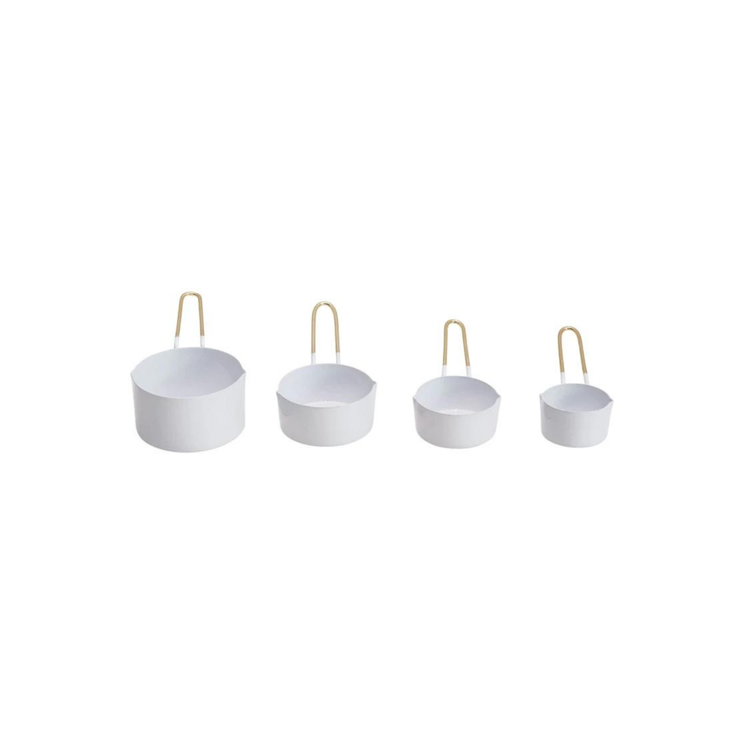 white enamel measuring cups with gold handles