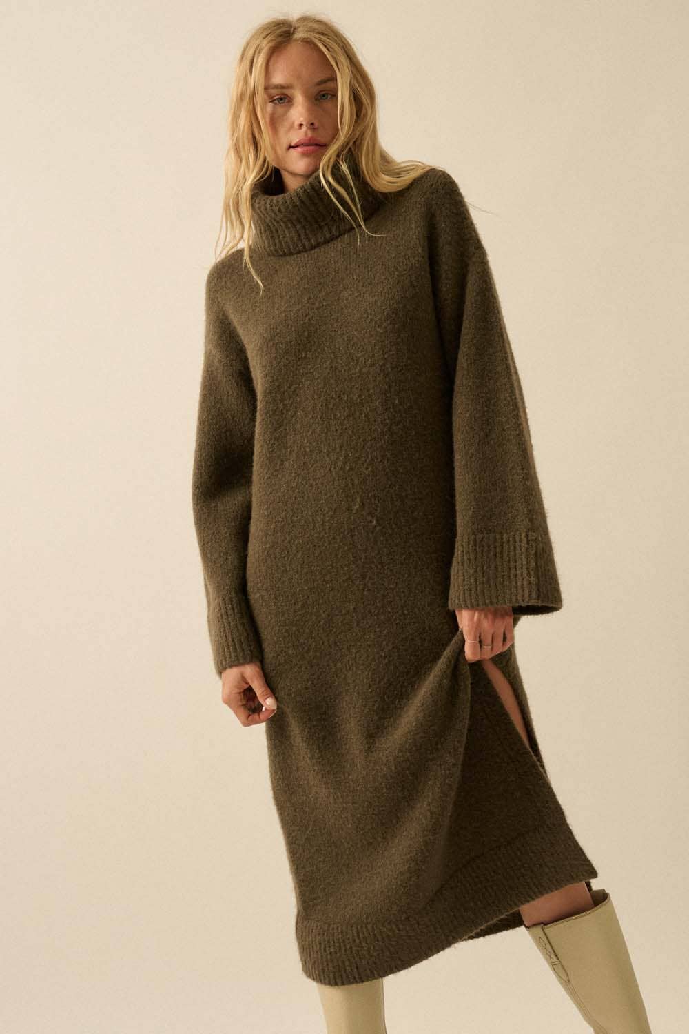 Solid Felted Knit Cowl-Neck Midi Sweater Dress