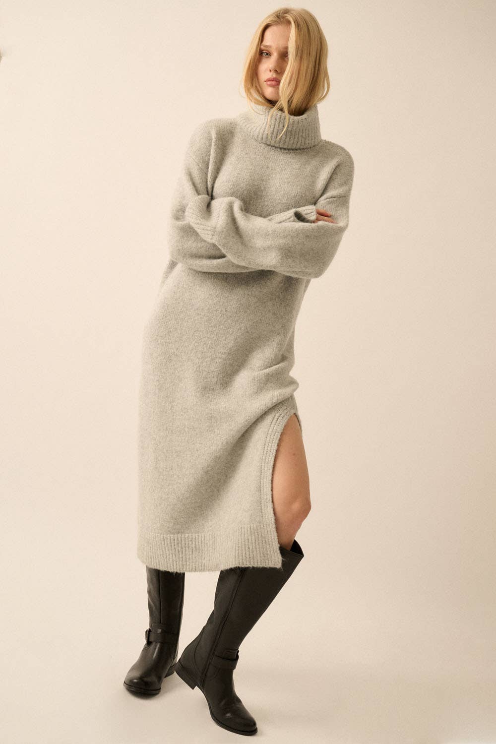 Solid Felted Knit Cowl-Neck Midi Sweater Dress