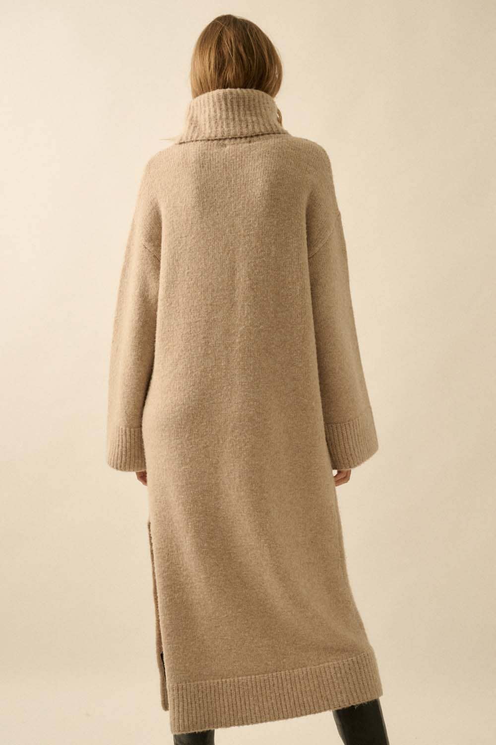 Solid Felted Knit Cowl-Neck Midi Sweater Dress