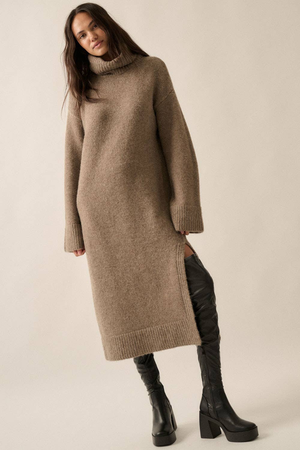Solid Felted Knit Cowl-Neck Midi Sweater Dress