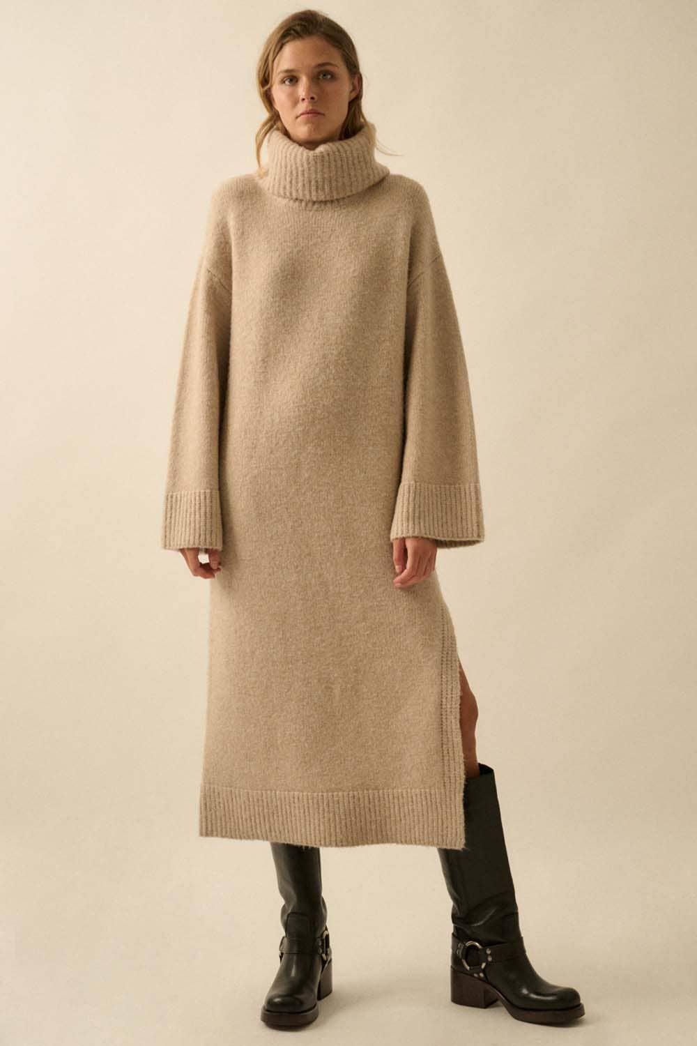 Solid Felted Knit Cowl-Neck Midi Sweater Dress