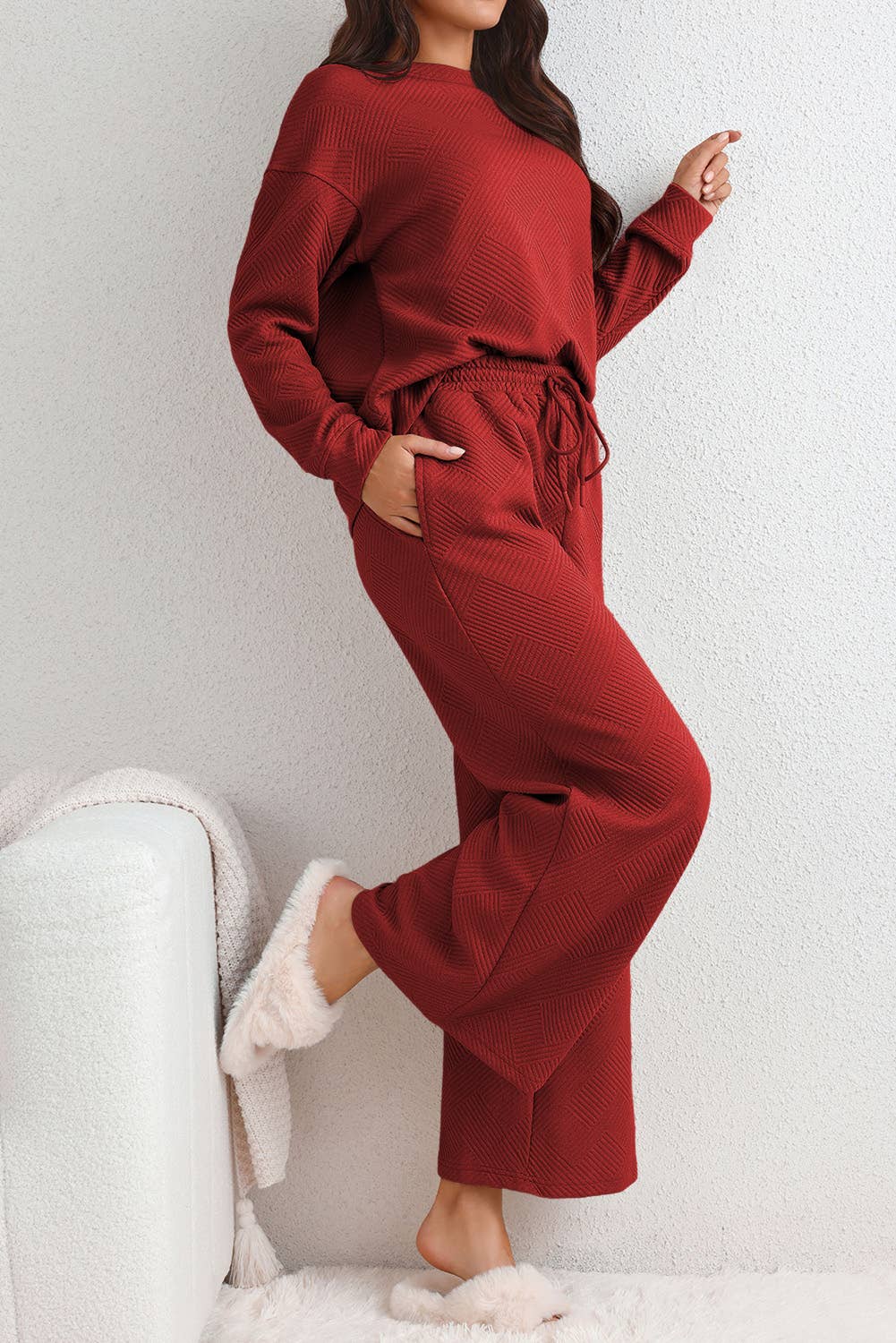 RED Loose Textured 2pcs Slouchy Outfit lounge sets women