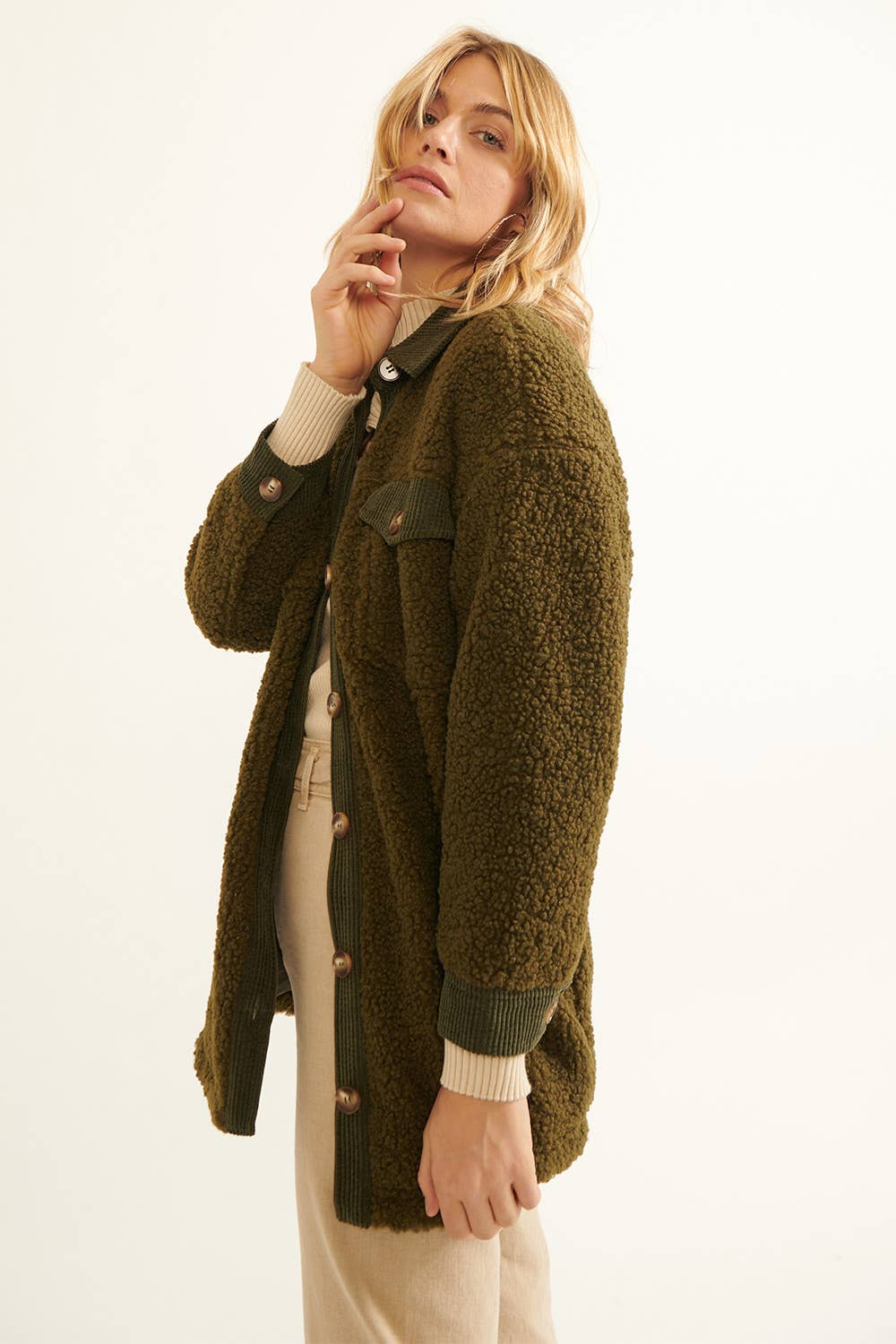 Fleece Corduroy Trim Chest Pockets Coat