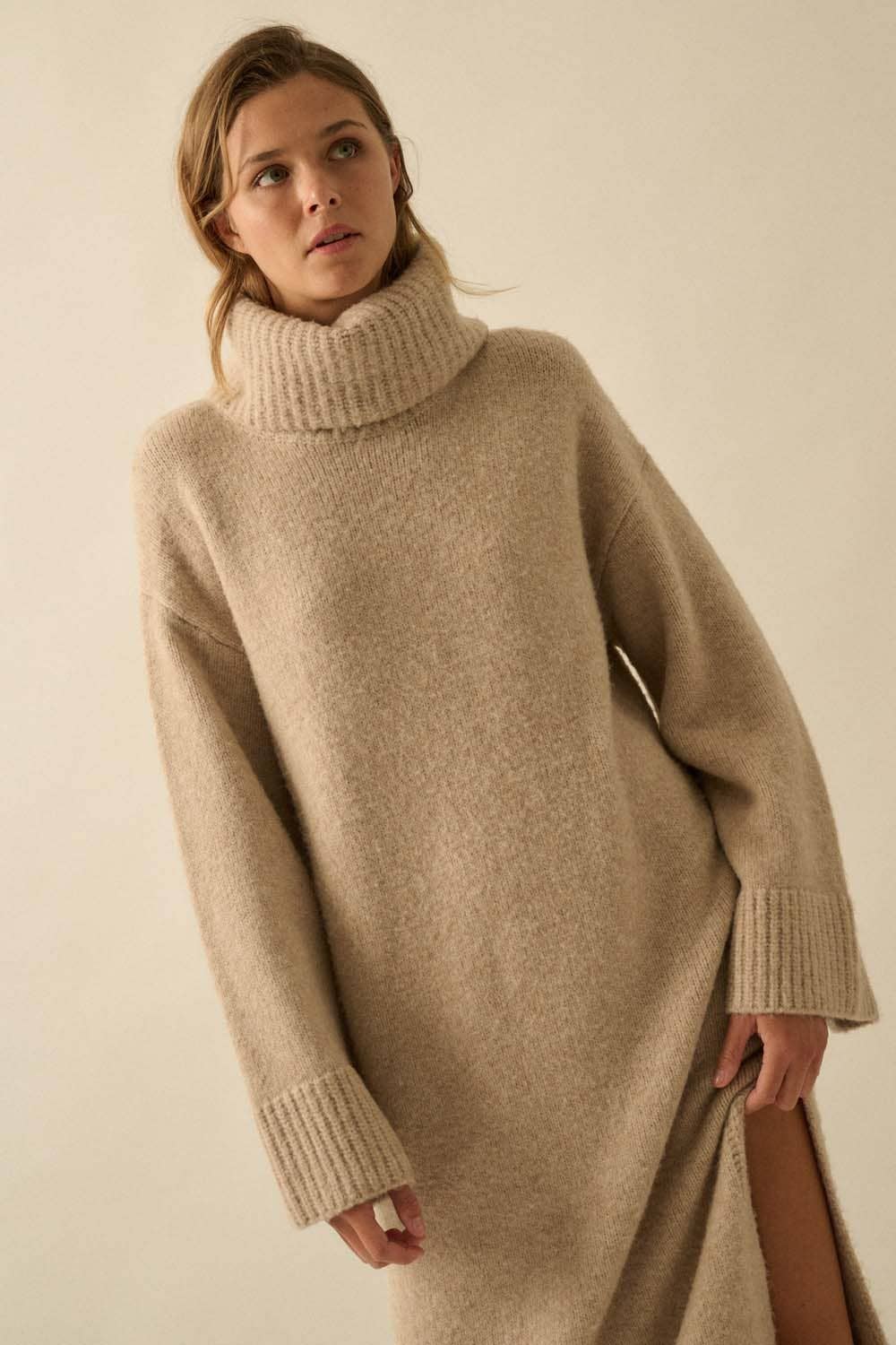 Solid Felted Knit Cowl-Neck Midi Sweater Dress