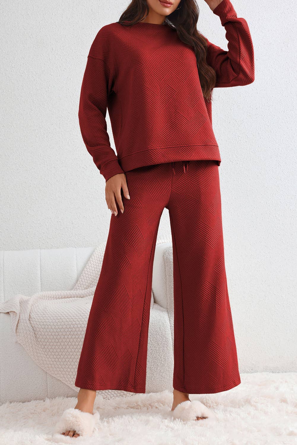 RED Loose Textured 2pcs Slouchy Outfit lounge sets women