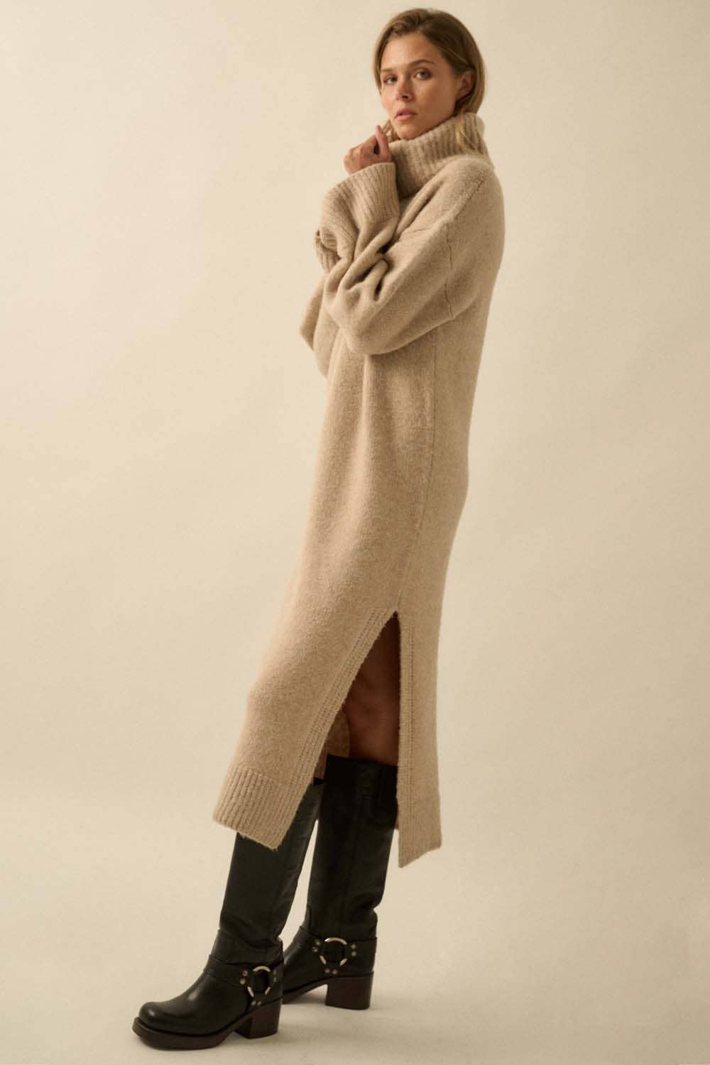Solid Felted Knit Cowl-Neck Midi Sweater Dress