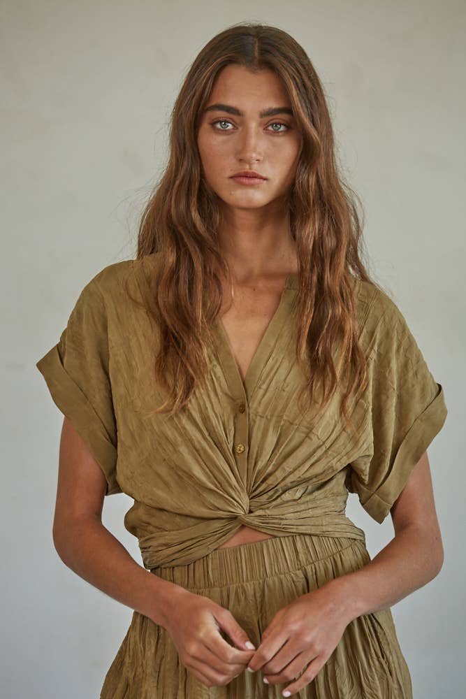 Woven Polyester Button Down V-Neck Waist Twist Top