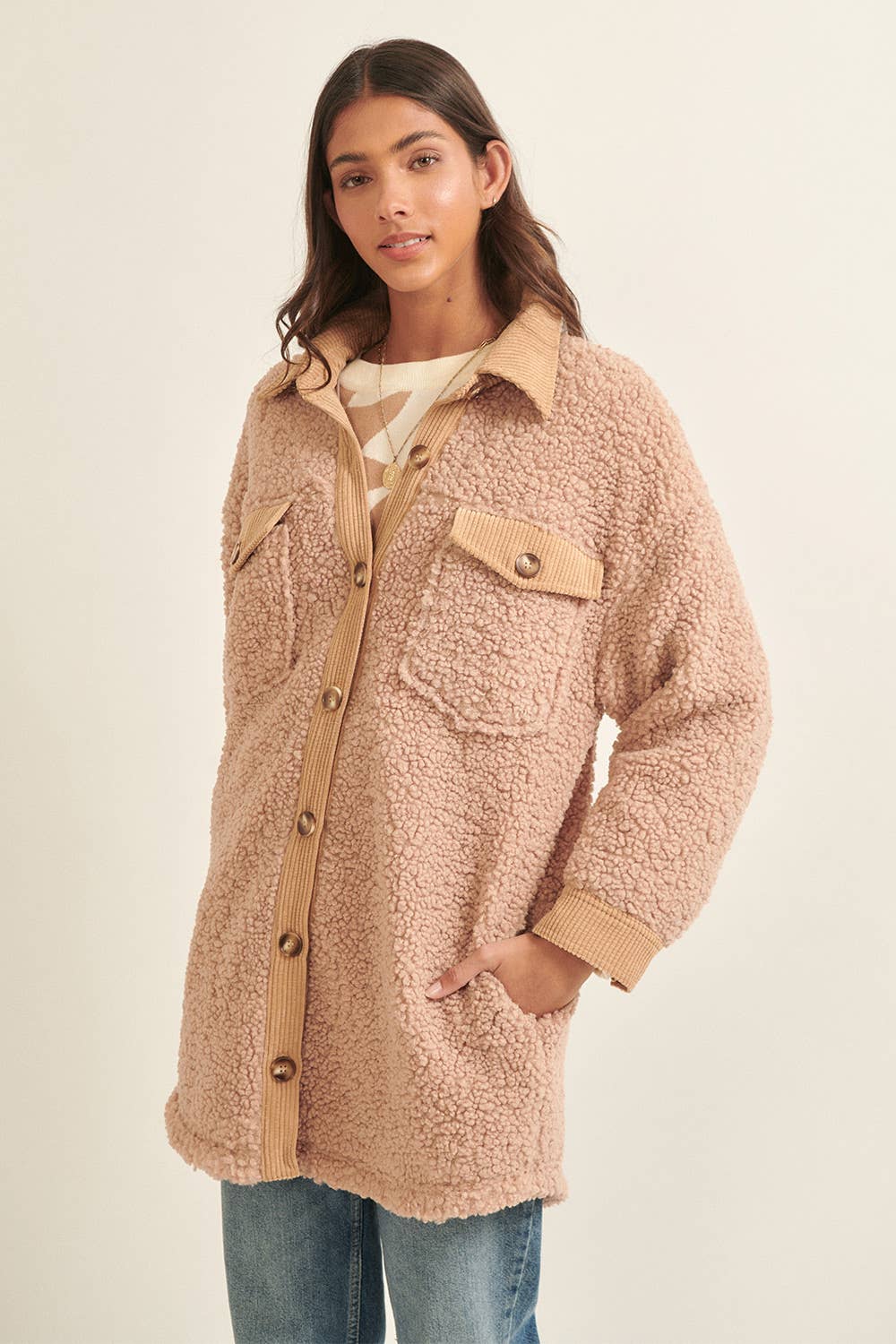 Fleece Corduroy Trim Chest Pockets Coat