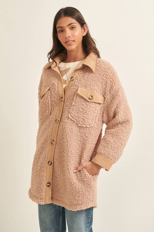 Fleece Corduroy Trim Chest Pockets Coat