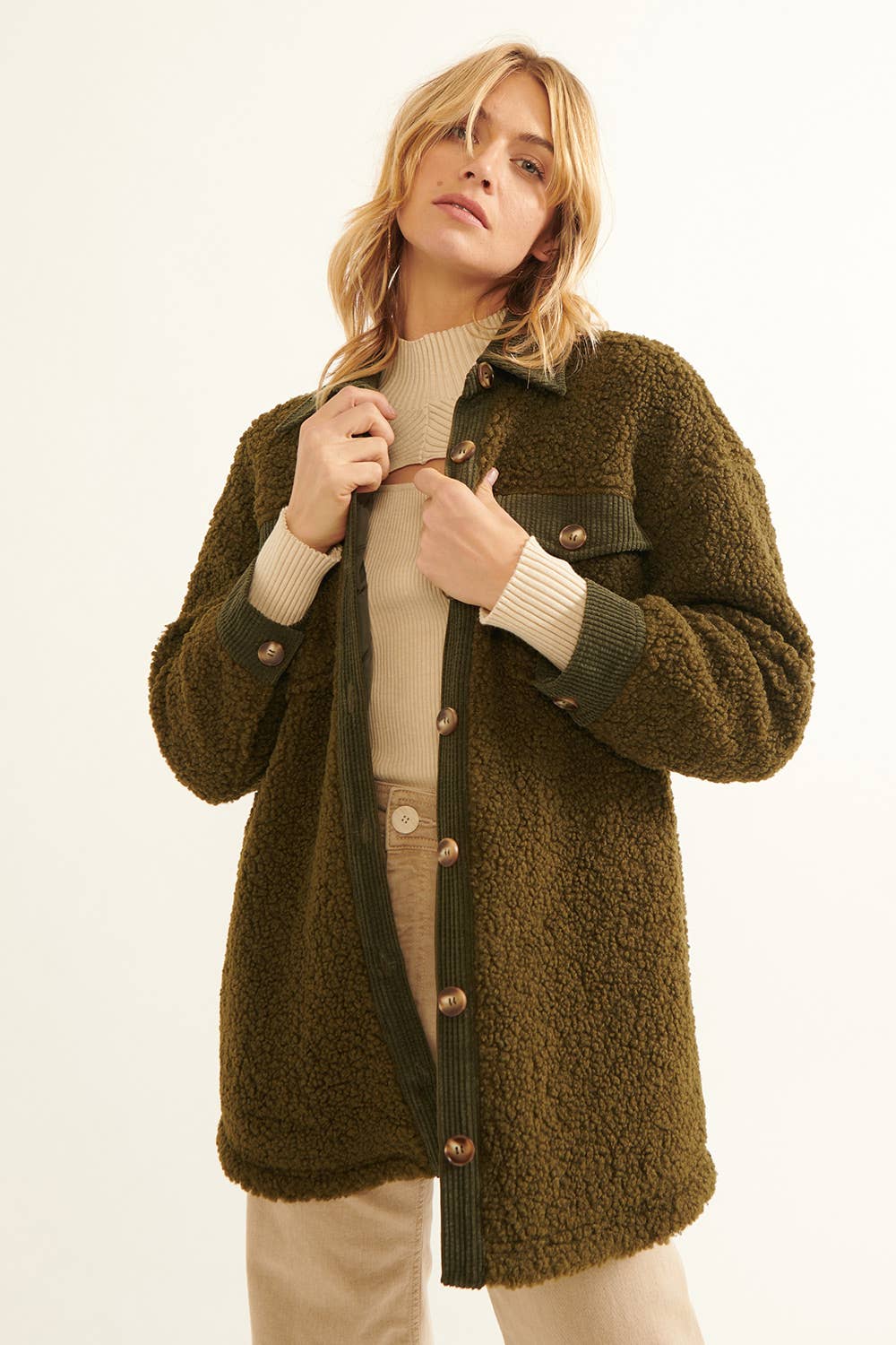 Fleece Corduroy Trim Chest Pockets Coat