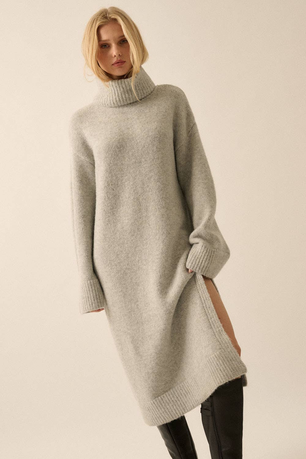 Solid Felted Knit Cowl-Neck Midi Sweater Dress