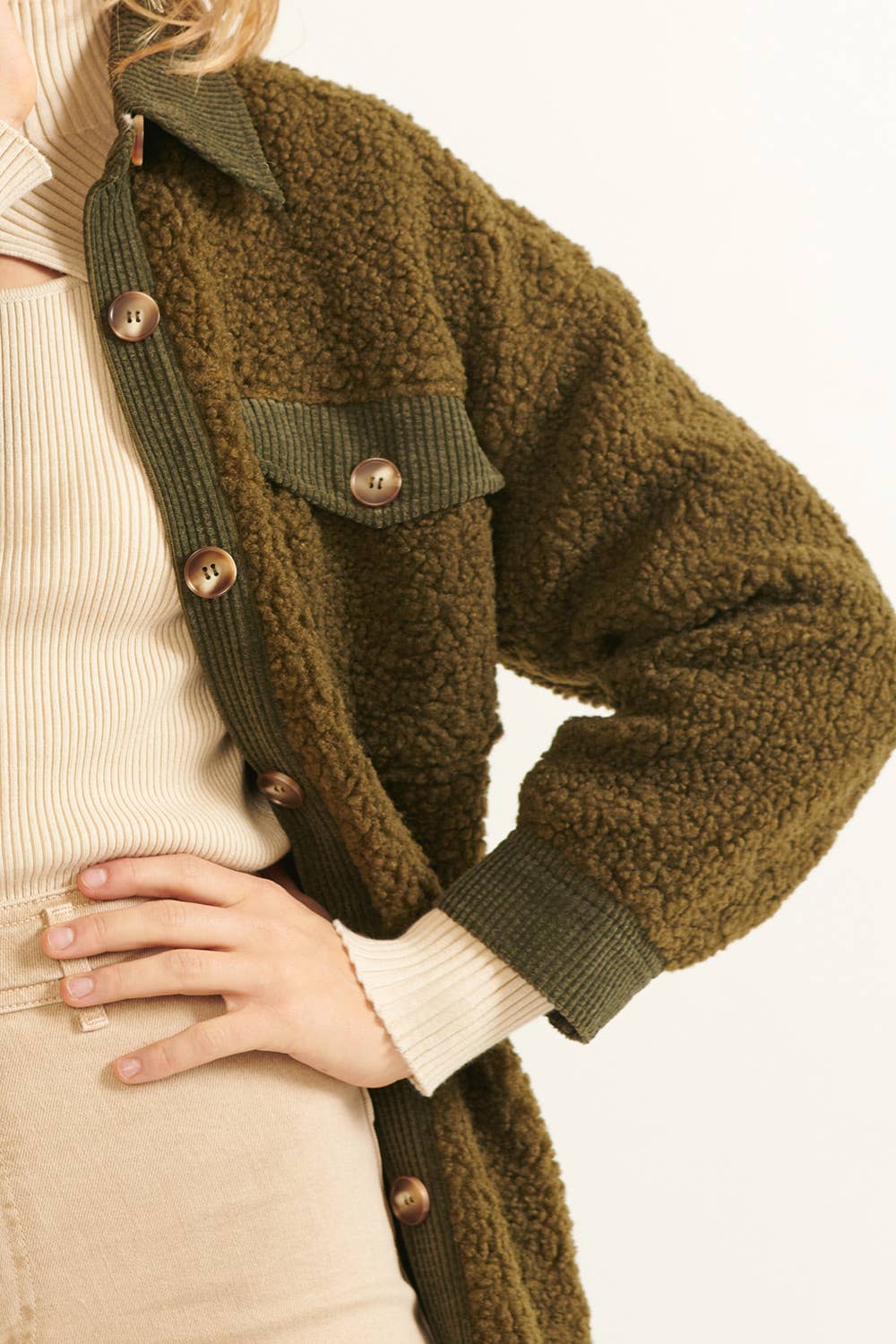 Fleece Corduroy Trim Chest Pockets Coat