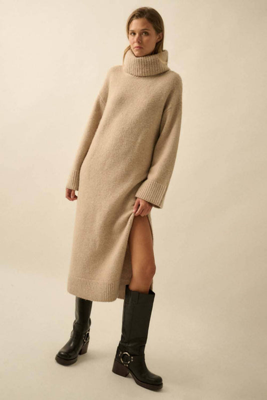 Solid Felted Knit Cowl-Neck Midi Sweater Dress