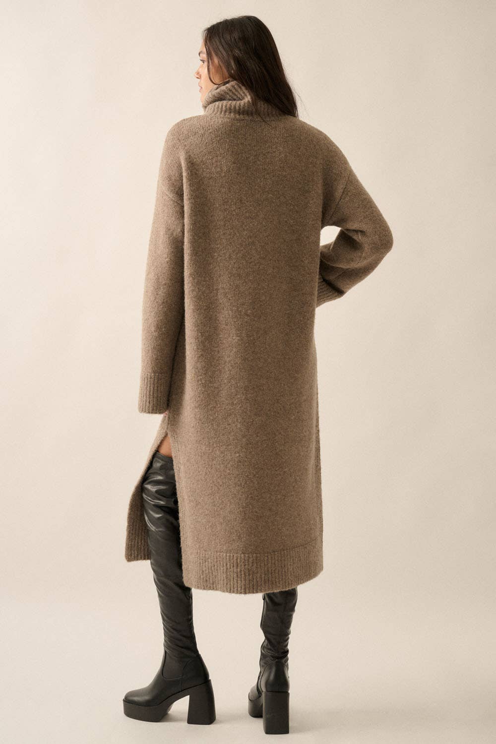 Solid Felted Knit Cowl-Neck Midi Sweater Dress
