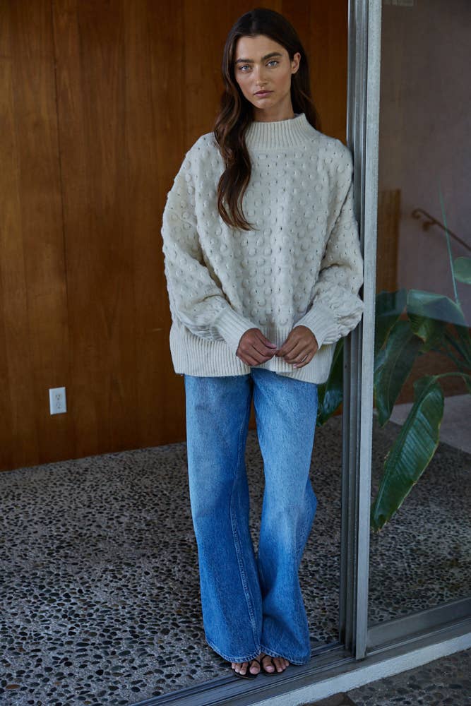 Sweater Popcorn Textured Mock Pullover