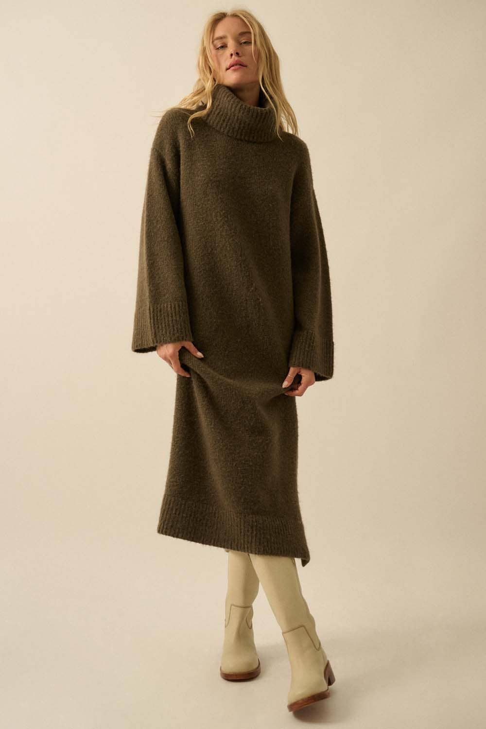 Solid Felted Knit Cowl-Neck Midi Sweater Dress