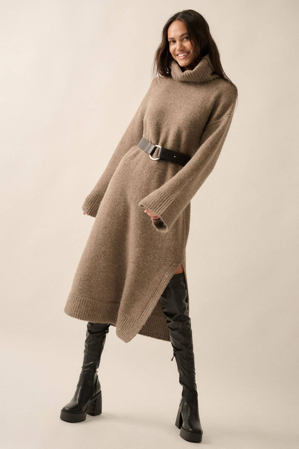 Solid Felted Knit Cowl-Neck Midi Sweater Dress