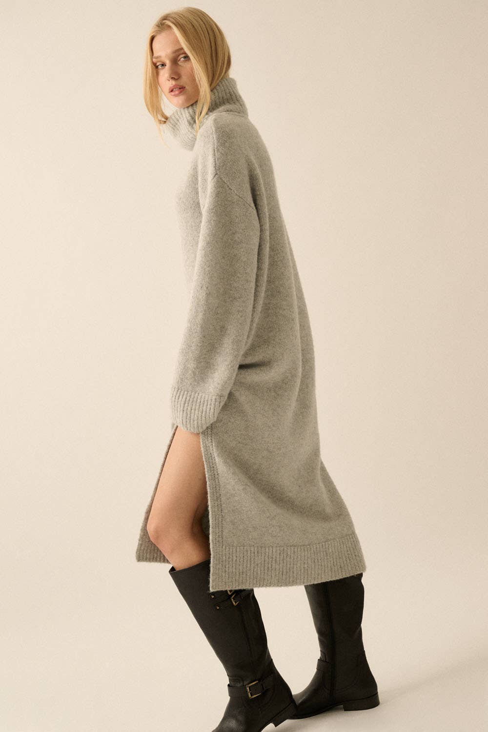Solid Felted Knit Cowl-Neck Midi Sweater Dress