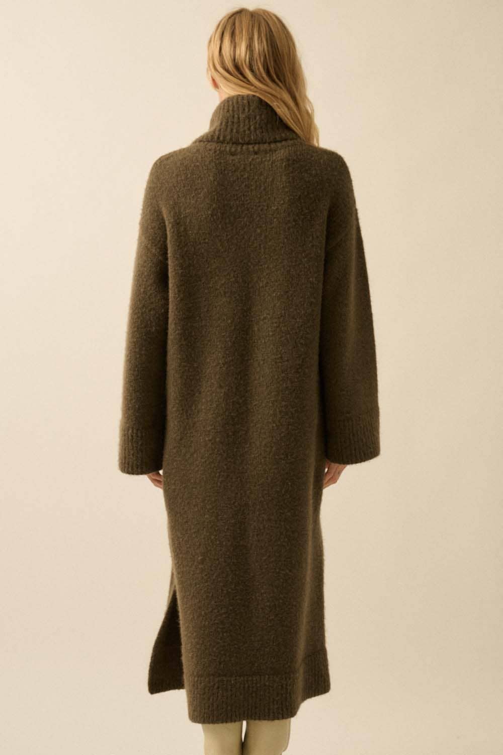 Solid Felted Knit Cowl-Neck Midi Sweater Dress