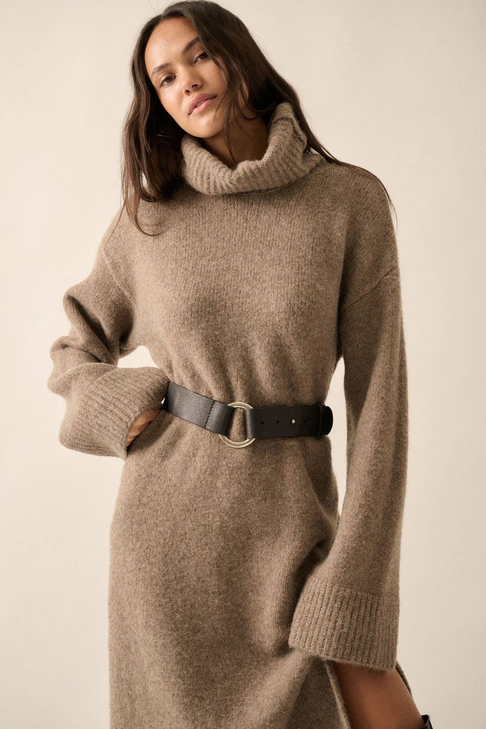 Solid Felted Knit Cowl-Neck Midi Sweater Dress