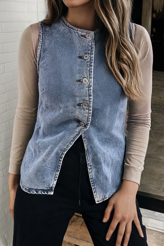 Buttoned Front Slit Denim Vest
