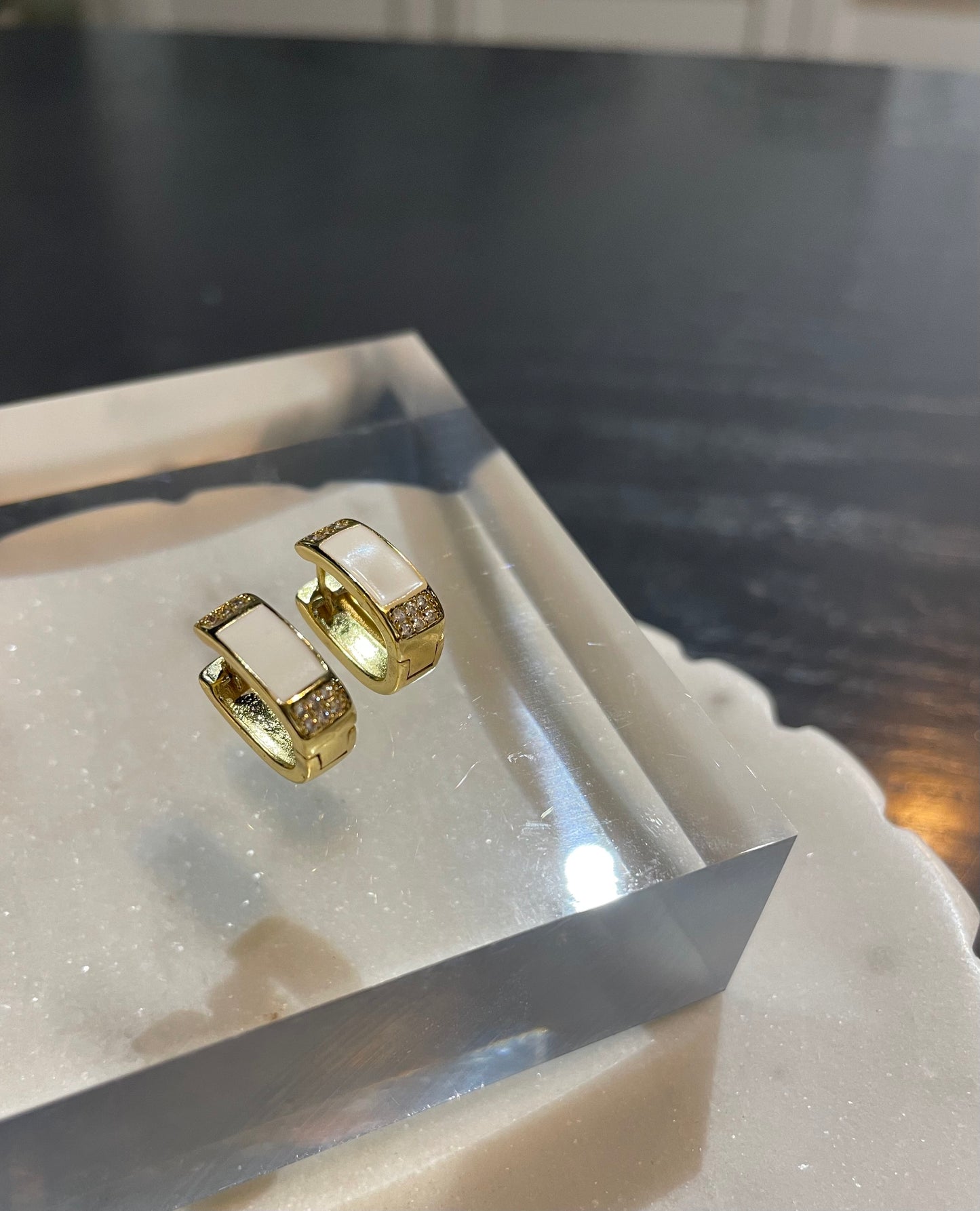 White Enamel and Pave Wide Huggies