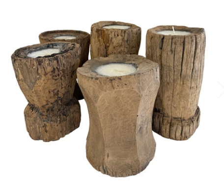 Teak Wood Mortar Floor Candles