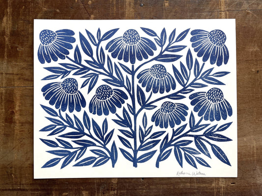 Navy Echinacea Risograph Art Print 11x14