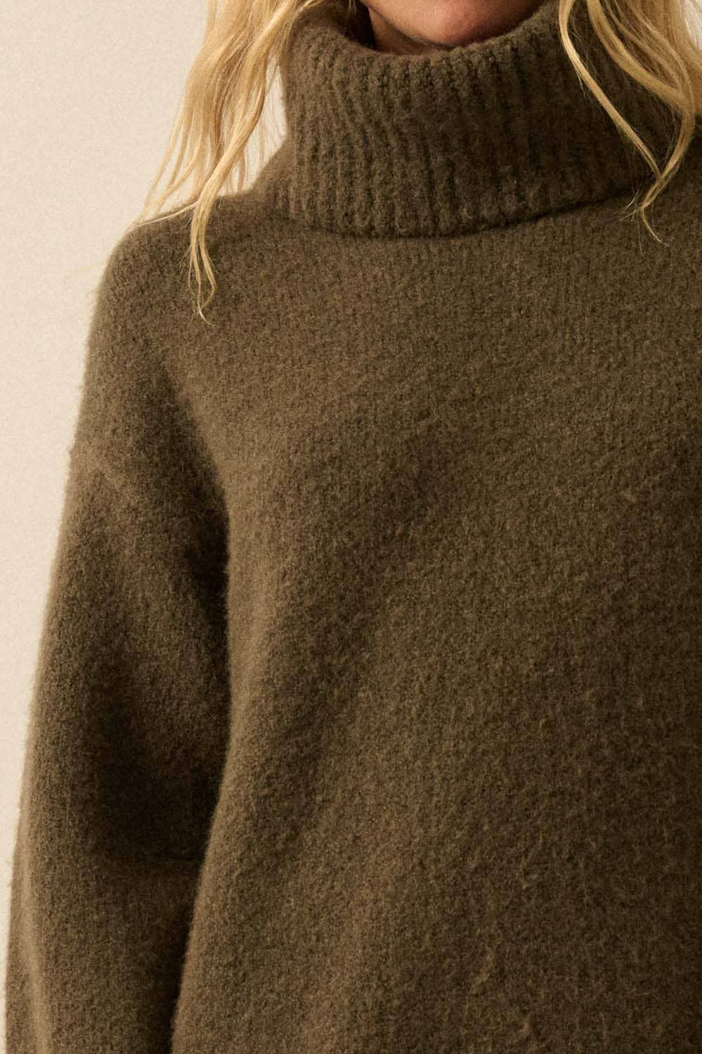 Solid Felted Knit Cowl-Neck Midi Sweater Dress