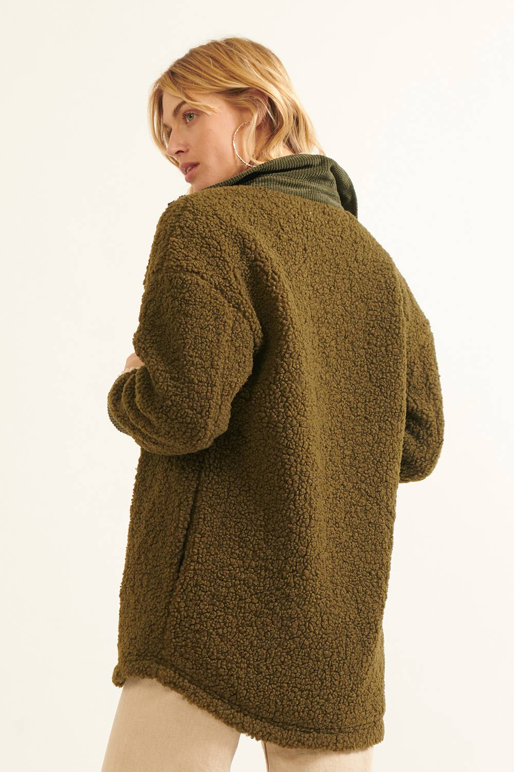 Fleece Corduroy Trim Chest Pockets Coat