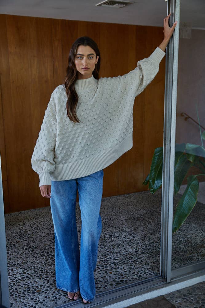 Sweater Popcorn Textured Mock Pullover