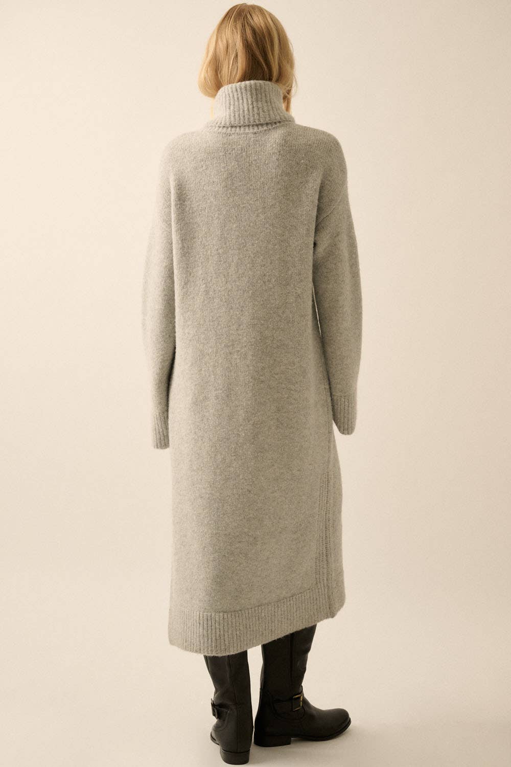 Solid Felted Knit Cowl-Neck Midi Sweater Dress